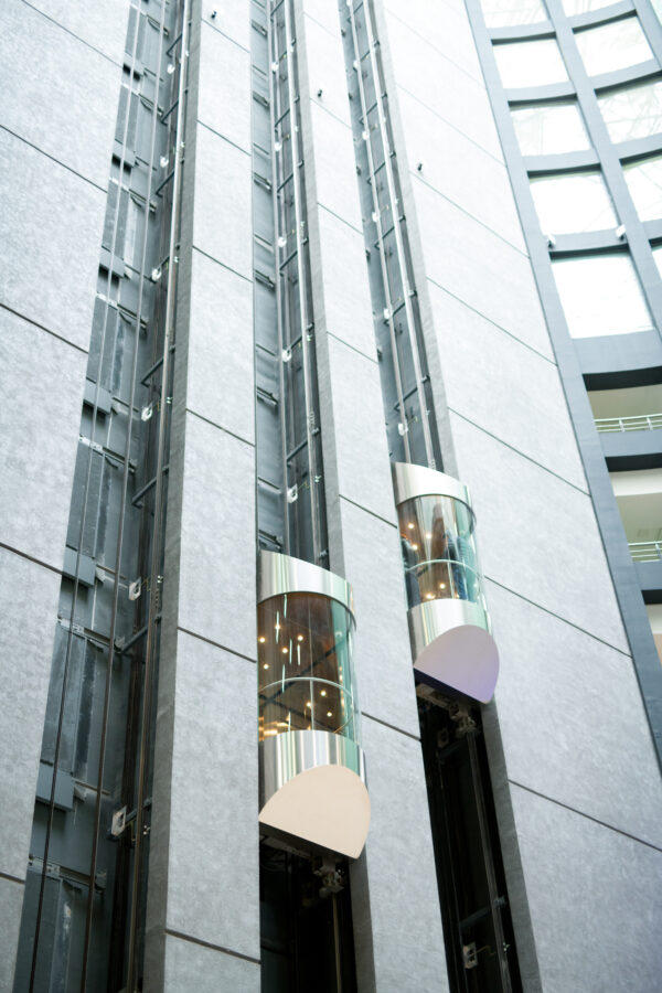 Modern elevators in office lobby