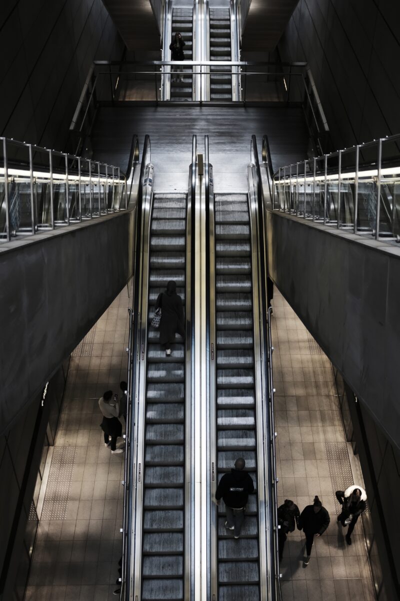 Overhead shot of an escalator at a train station